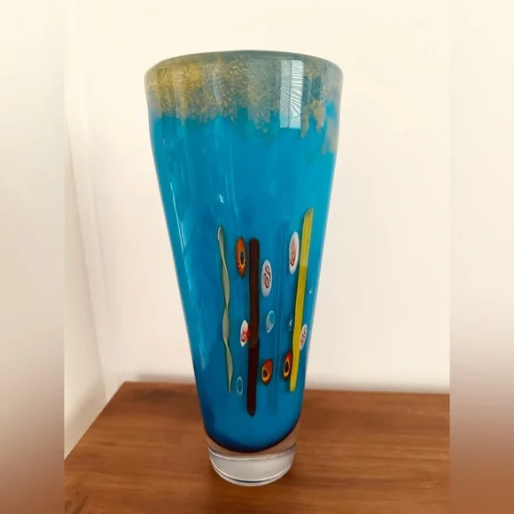 🌼 Like New Vintage 90's MilleFiori Vibrant Blue Art Glass Vase 🏺 🌺 - Picture 5 of 7